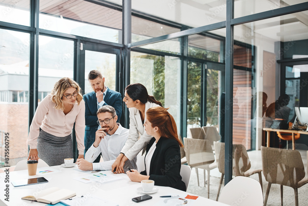 Poster employees, people and office with documents for strategy with teamwork and collaboration for company