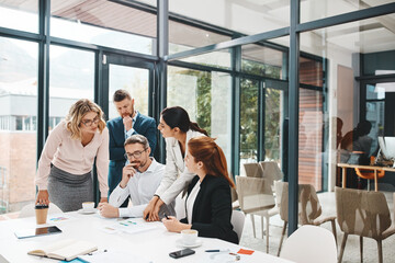 Employees, people and office with documents for strategy with teamwork and collaboration for company growth. Boardroom, paperwork and project managers with report, feedback and results for business