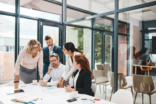 Employees, people and office with documents for strategy with teamwork and collaboration for company growth. Boardroom, paperwork and project managers with report, feedback and results for business