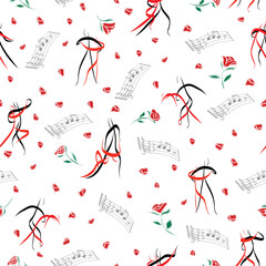 Tango Dancers Gliding in Gestural Poses as Partners in Red and Black with Music and Roses on White seamless pattern print background