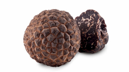 Two whole black truffles isolated on a white background.
