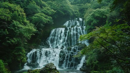 A waterfall is flowing down a rocky hillside. Generate AI image