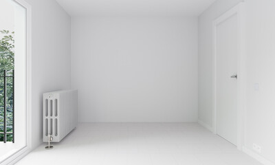 Empty white room with radiator and doorway 3d render illustration