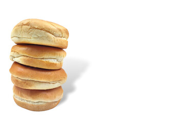 Photo of four burger buns stacked on top of each other, isolated on white background.