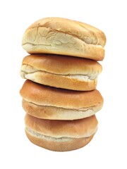 Photo of four burger buns stacked on top of each other, isolated on white background.