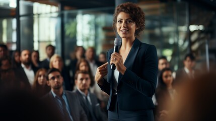 Empowered woman delivering an engaging and dynamic presentation to a female audience. The corporate setting highlights her professionalism and leadership