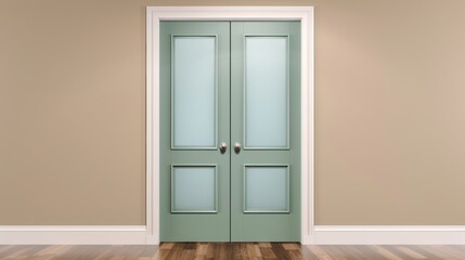 Light green double door with frosted glass panels, beige walls, and wood-grain floors, creating a serene entryway, focus cover all object, deep dept of field