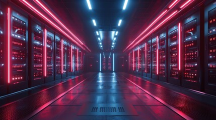 Futuristic Server Room With Neon Lights. Generative AI
