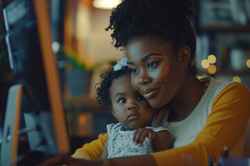 Black Woman Professional Mom Multitasking with Baby Toddler Child on Lap while Working from Home with Flexible Schedule
