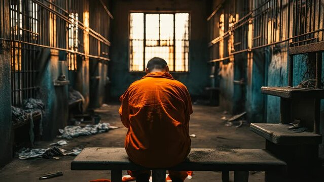 Incarcerated Individual in Orange Jumpsuit Sitting Alone in Bleak Prison Cell, Gazing Out Barred Window, Evoking Themes of Confinement and Introspection at Dusk