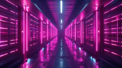 Obraz premium Futuristic Server Room Corridor Illuminated by Pink Neon Lights. Generative AI