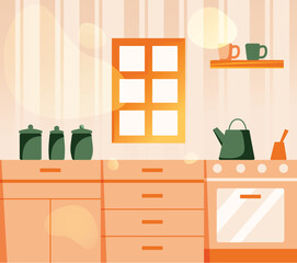 Naklejka premium Kitchen interior wall - windows, counters, oven, teapot. Vintage kitchen illustration in orange tones