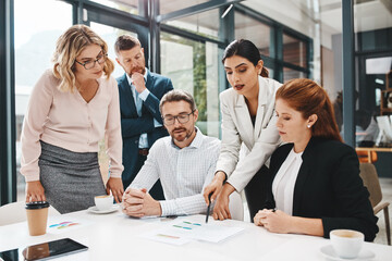 Business, people and office with documents for strategy with teamwork and collaboration for company growth. Boardroom, employees and project managers with report, feedback and results for progress