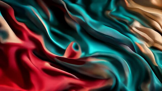 Abstract colorful flowing silk fabric in teel, red and cream colors, slow motion background for commercial use
