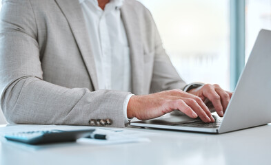 Fototapeta premium Financial advisor, accounting or hands of businessman on laptop and calculator for budget strategy. Closeup, taxes research or investment banker typing online for money management, finance or growth