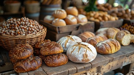 An assortment of freshly baked bread loaves is artistically arranged on a rustic wooden table, surrounded by nuts and other ingredients, highlighting the art of traditional baking and wholesome food.