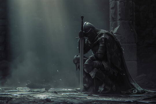 Somber Knight in Black Armor Reflecting on Battlefield