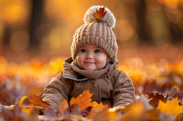 Fototapeta premium Adorable Baby in Warm Knitted Hat Sitting Among Autumn Leaves in Park