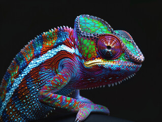 Obraz premium Vibrant Colorful Chameleon Close-Up on Dark Background
