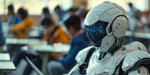 Humanoid Robot in Classroom Observing Students. A humanoid robot sits in a classroom, observing students as they learn, highlighting the integration of robotics in education. Banner with copy space