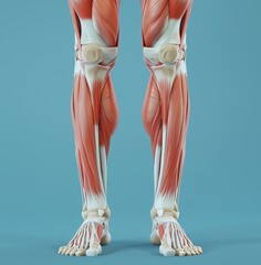 Detailed anatomical illustration of human leg muscles and tendons in frontal view