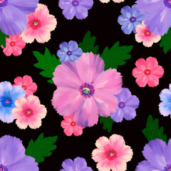 seamless pattern flower pink blue summer floral  dark background