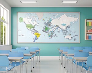 Modern classroom with a world map, realistic photo, bright and organized, inviting educational space for kids.