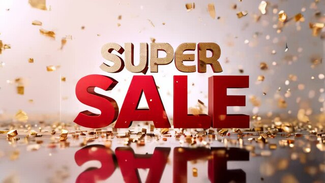 Animated gold red  SUPER SALE text on festive pink background with flying confetti, retail promotions, discount events and social media marketing Big sale offer