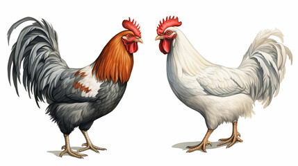 Fototapeta premium White Background, watercolour style, chickens and roosters illustration ~ Created using Generative AI
