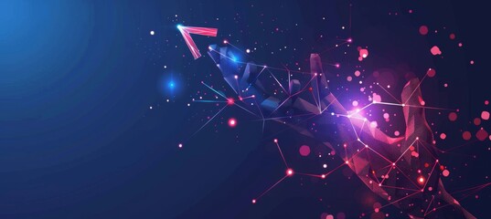 Futuristic digital hand holding up an arrow composed of dots and lines