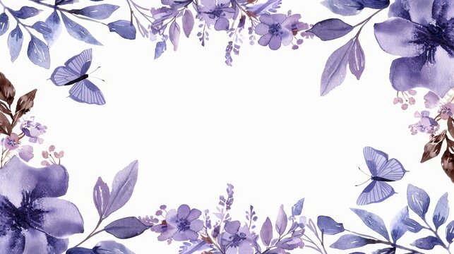 Watercolor purple floral and butterflies frame clipart, on white background, with copy space, focus cover all object, deep dept of field