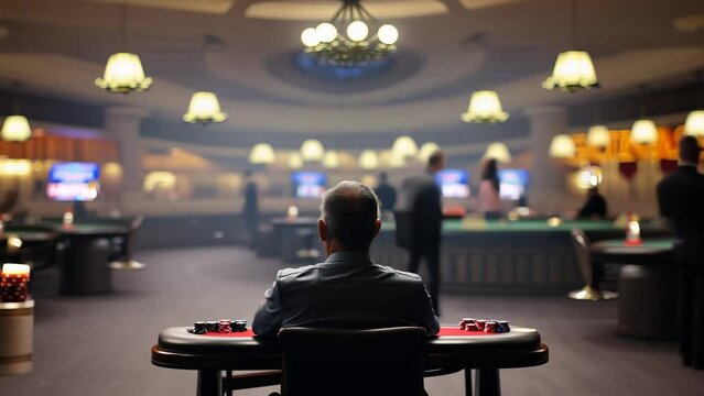 Man observing casino scene, time lapse depicting the thrill and suspense of high-stakes gambling table