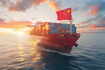 A Chinese Cargo Ship Sails Towards the Setting Sun, Loaded With Containers