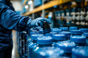 A Worker in Blue Gloves Carefully Places a Cap on a Container of Chemical Product in a Warehouse