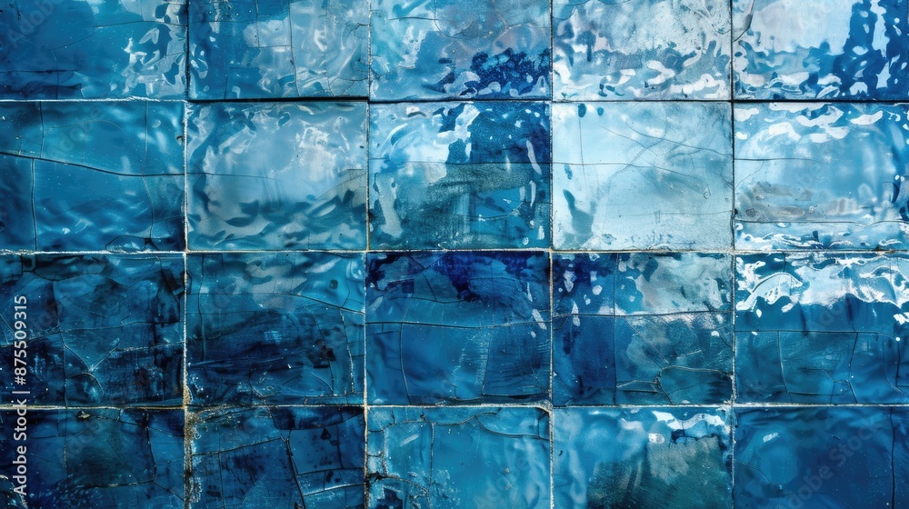 Sticker camera reflection in blue liquid ceramic tile wall grunge texture abstract backdrop