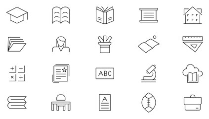 Back to school line icons set. Education, learning, school, online school, outline education, graduation, study, lesson, book, telescope, backpack and bus outline icon collection. 