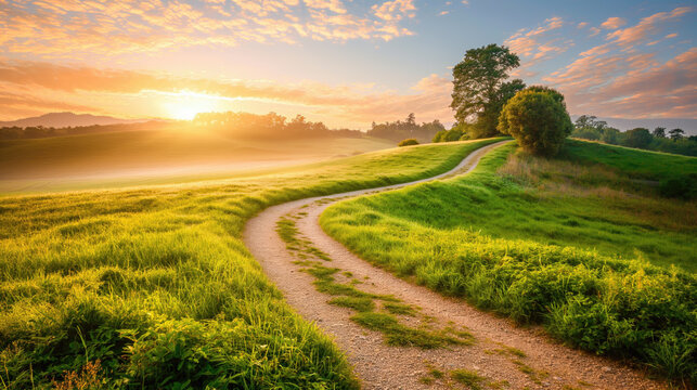 Scenic winding path through a field of green grass at sunrice