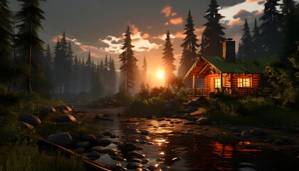 Wooden cottage in the forest at sunset, panoramic view