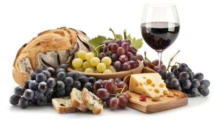 A wooden board with a variety of fruits and bread, including grapes, apples. Generate AI image