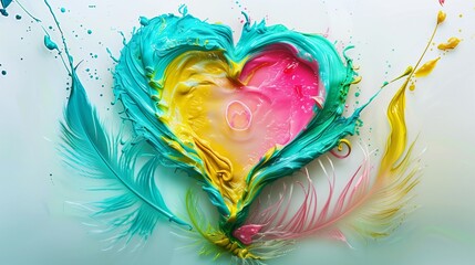 A heart-shaped symbol created from colored wax, melted into a vibrant feather pattern with shades of turquoise, pink, and yellow on a white background.