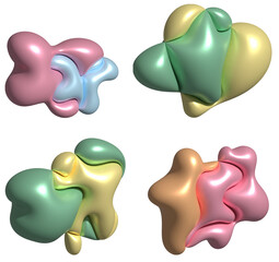 Multi-colored inflated blots with a shiny surface on an isolated background, 3D rendering illustration