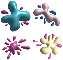 Multi-colored blots and drops with a smooth shiny surface, 3D rendering illustration