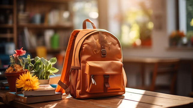 Crange backpack on table next to books and flowers AI generated