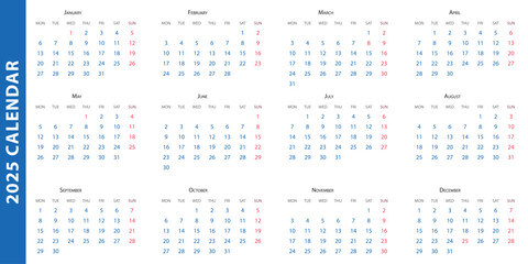 2025 Calendar - vector template - Desk planner template with 12 months. Week starts Sunday. Business schedule. Month date.
