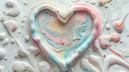 A heart-shaped symbol crafted from colored wax, melted into a fluid marble pattern with pastel pinks, blues, and whites on a white background.
