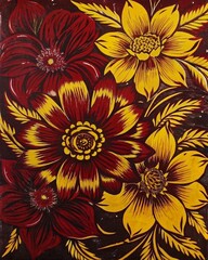 Floral pattern of red and yellow flowers on a black background.