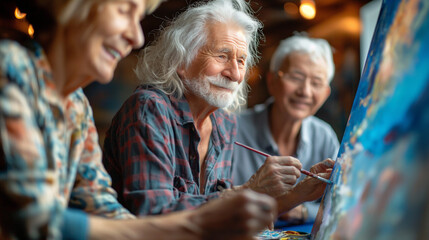 Fototapeta premium A senior people painting an oil painting at care home , An elderly people draws