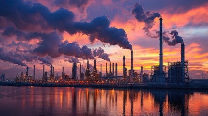 Naklejka premium An industrial plant with tall smokestacks spewing black smoke against a fiery sunset sky. The smoke reflects in the water, creating a dramatic and impactful image.