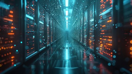 Fototapeta premium Futuristic Server Room With Glowing Data Particles. Generative AI