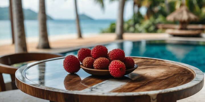 marble table with a wooden plate filled with fresh lyc background